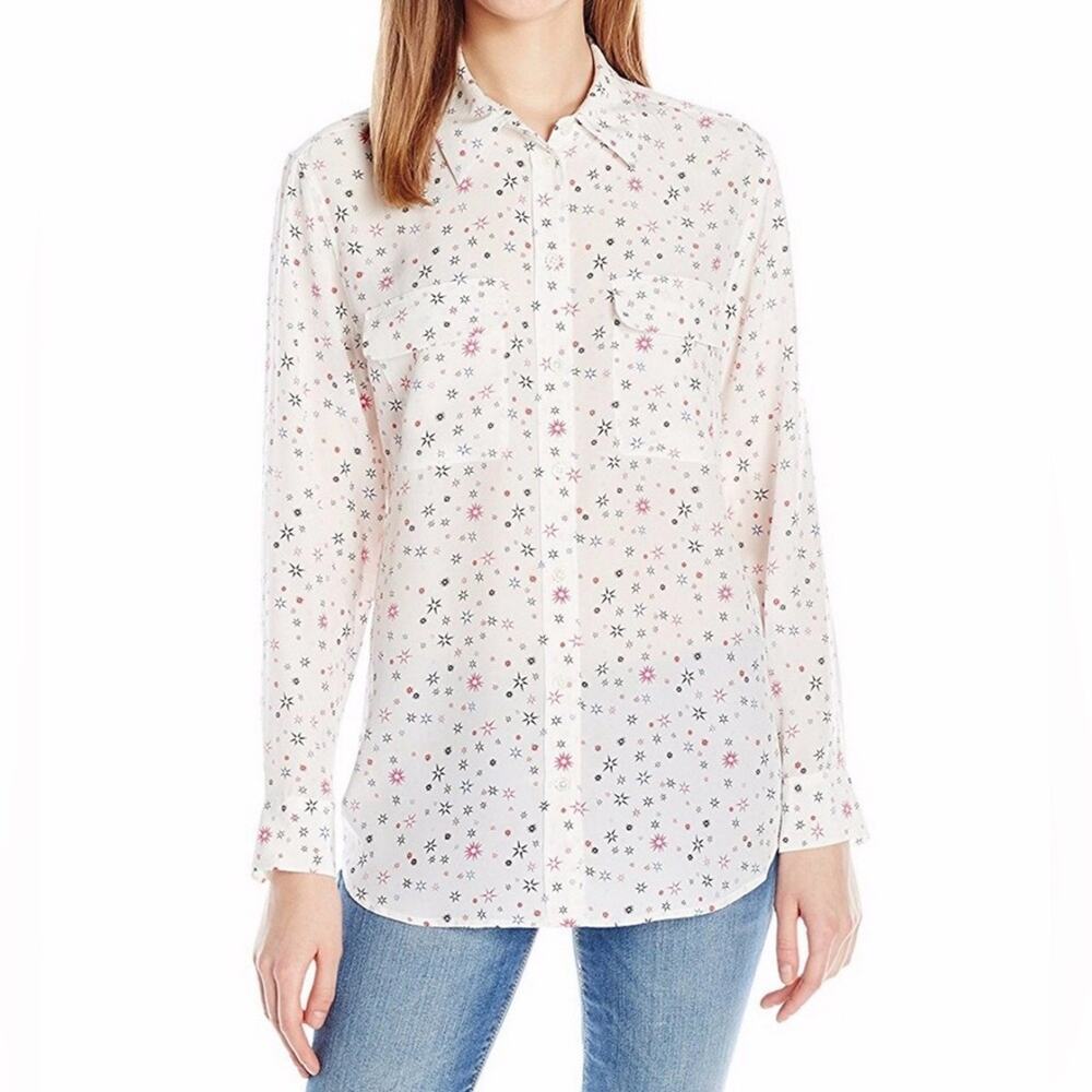 Equipment Women's Long Sleeve Button 100% Silk Top - Paris Print - XS